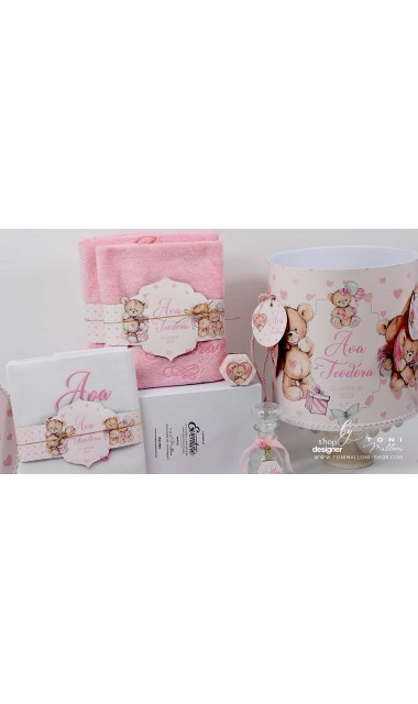 Trusou de botez cu ursuleti roz si inimioare Teddy Bear Pink Hearts 4